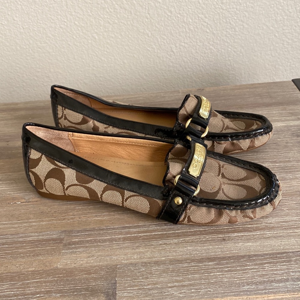 Coach loafers jacquard monogram brown and tan with gold hardware